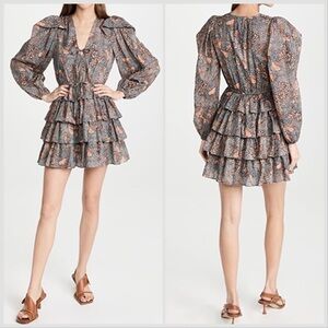 Ulla Johnson Tyra Mix Print Long Sleeve Cotton Blend Dress in Aegean Sz 8